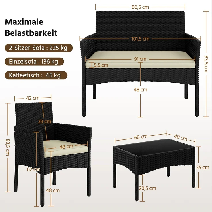 Yaheetech Balkonset Gartenmöbel-Set 4-er Set Rattanmöbel für 4 Personen, Gartengarnitur aus Zweisitzer-Sofa & 2 Einzelsofas & Kaffeetisch – Bild 3