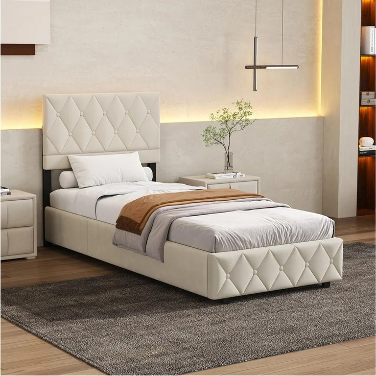 HAUSS SPOLE Polsterbett 90×200 mit Bettkasten Funktionsbett Stauraumbett mit matratze,beige – Bild 1
