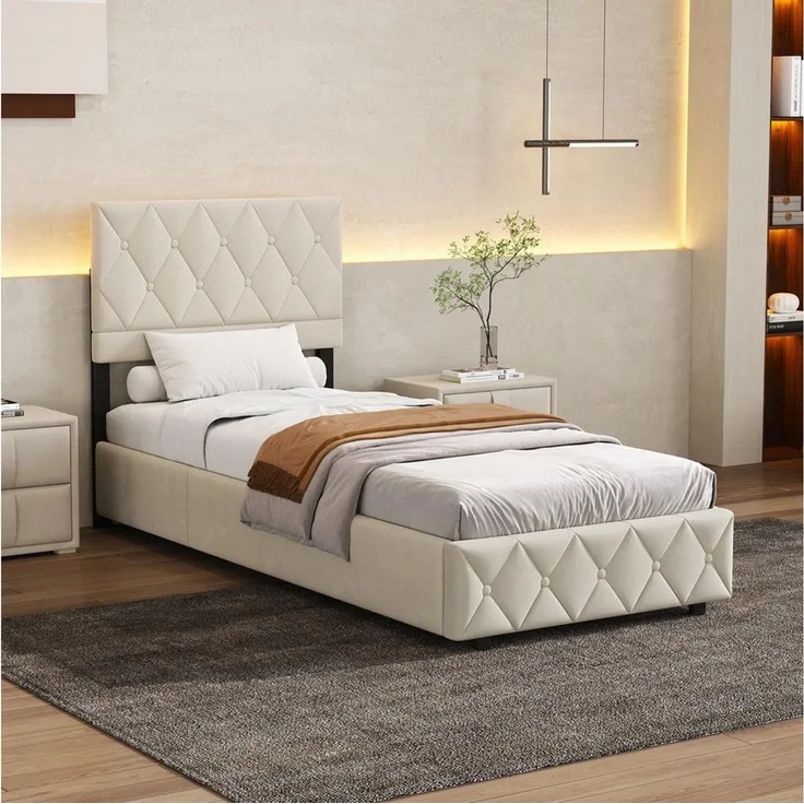 HAUSS SPOLE Polsterbett 90×200 mit Bettkasten Funktionsbett Stauraumbett mit matratze,beige