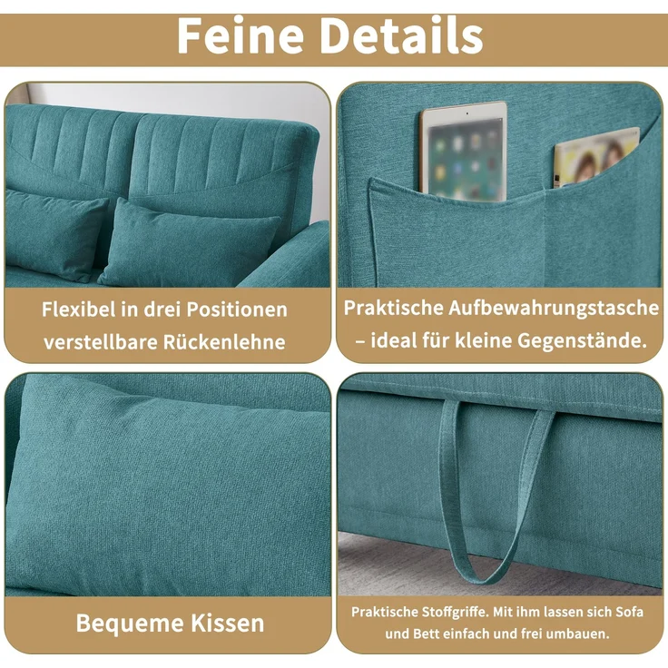 Ausziehsofa mit Schlaffunktion,3-stufig verstellbare Rückenlehne, Baumwoll-Leinen-Bezug, hochdichter Schaumstoff – Bild 9
