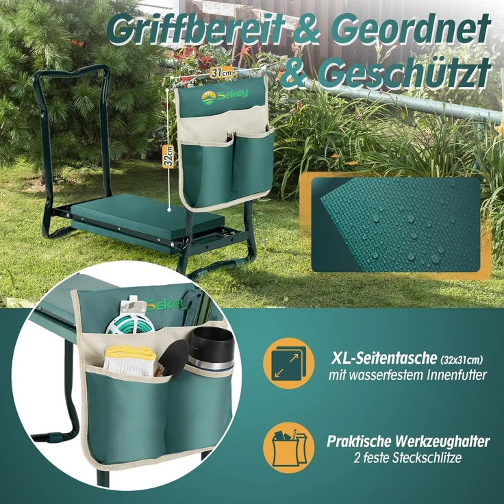 Sekey Höhenverstellbare Kniebank für Gartenarbeit Belastbarkeit 160KG, Gartenhocker Klappbar mit Werkzeugtaschen, Kniehilfe für Gartenarbeiten 60 * 50 * 28 cm, Grün (Standard) – Bild 7