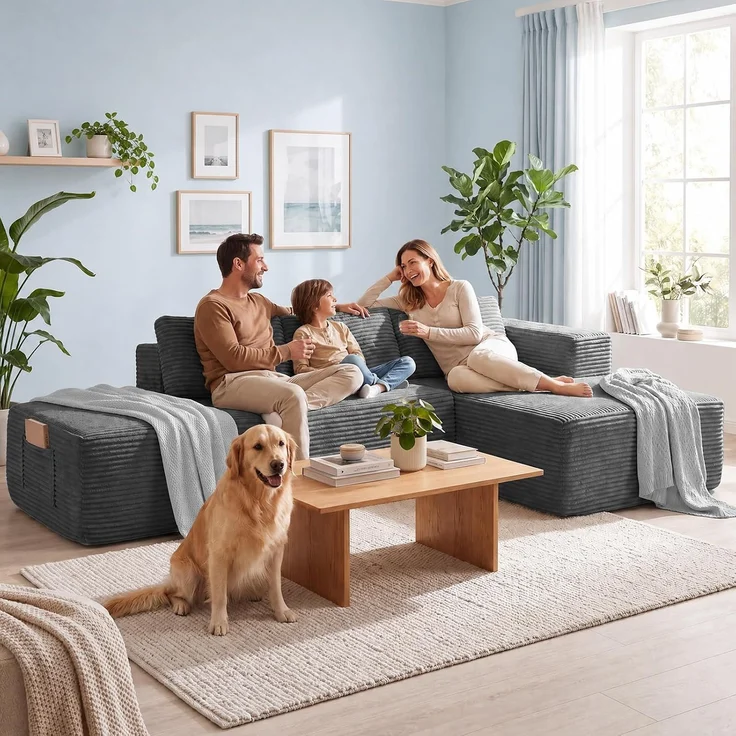 COMHOMA Ecksofa mit Schlaffunktion, 228cm Corduroy Modulares Boneless Couch mit Chaiselongue & Rücken-Metallgestell, L-Form Schlafsofa mit offenem Design, Kissen & Seitentaschen,für Wohnzimmer, GRAU-L – Bild 2