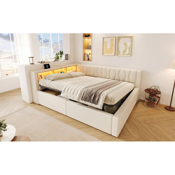 TavilaEcon Daybett Schlafsofa, Tagesbett mit dimmbarer LED-Leiste & USB-Anschluss beige Liegefläche 140 × 200 cm – Bild 2