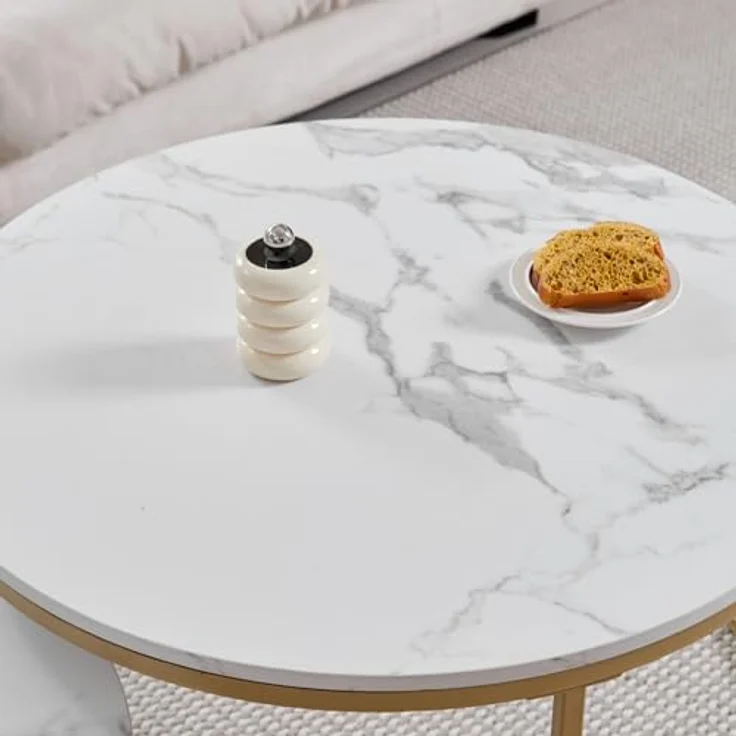 GrandCA HOME Couchtisch 2er Set,Stapelbarer Couchtisch, Couchtische Rund, Marmorierte MDF-Tischplatte, Vergoldete Metallbeine，Geeignet für Wohnzimmer, Esszimmer, Balkon（Ø80x45H cm，Ø60x35H cm） – Bild 5