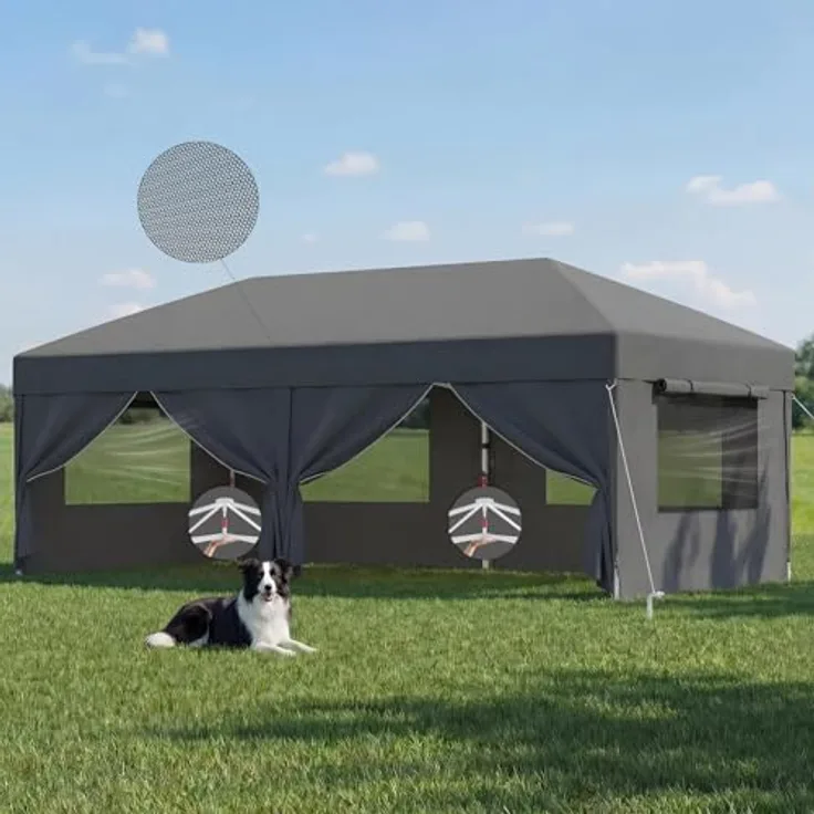 JUMMICO Pop Up Faltpavillon 3x6 Pavillon mit Netzfenstern zur Belüftung, UV-Schutz 50+, mit 4 Seitenwänden, wasserdicht stabil Winterfest，Faltbar Partyzelt Gartenzelt Gartenpavillon, Grau