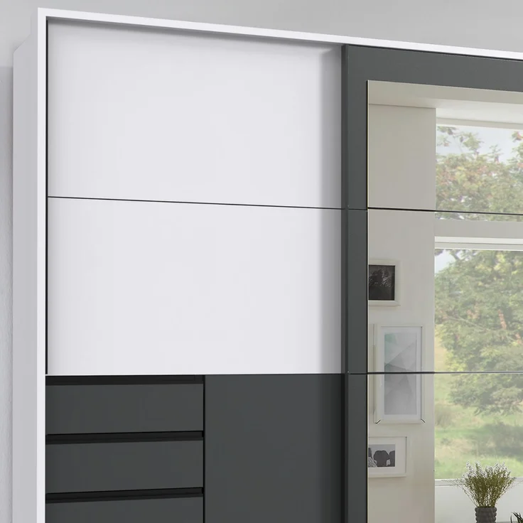 Schwebetürenschrank Kleiderschrank 273 cm Passepartout Schubladen Spiegel Weiß Grafit – Bild 5