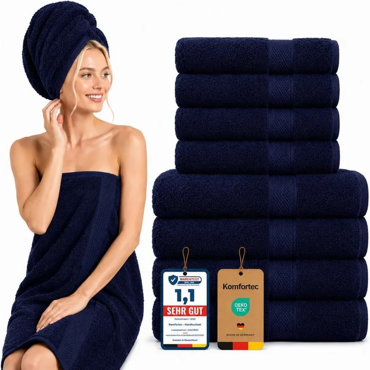 Komfortec Handtuch Set 8x Handtuch & Badetuch Set - 4er 50x100 + 4er 70x140 cm, Frottee (Set, 8-St), 100% Baumwolle, 470 g/m2, mit Bordüre, Weich & Saugstark