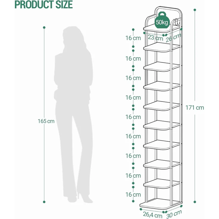 Vertikales Schuhregal, 10-stöckige Schuhregale, Schuhturm für Kleine Räume, Freistehend, Verstellbar, Platzsparend, Weiß Gold – Bild 8
