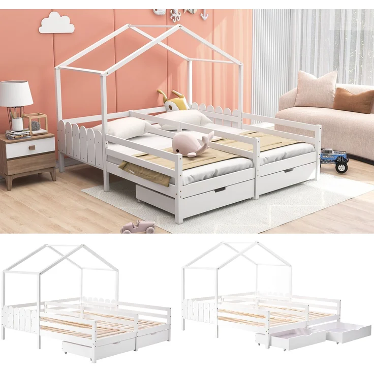 U-life Hausbett 90x200 cm, Doppelbett und Kinderbett, mit geteiltem Mittelzaun, 2 MDF-Schubladen und Sicherheitsgeländer, Kiefernholz, Weiß – Bild 6