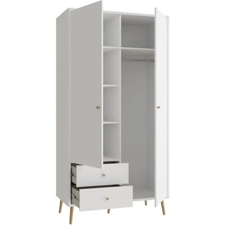 Forte HARLLSON Kleiderschrank 100 110, Mid-Century-Modern Stil, leichte Montage Dank EasyKlix by Forte, 2-türig, 2 Schubladen, Holzwerkstoff, Weiß, 104,5 cm breit x 201,7 cm hoch x 52,2 cm tief – Bild 5