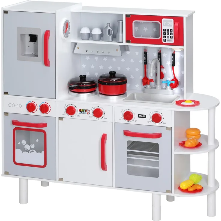 Spielwerk 'Junior Chef' Kinderküche mit Mikrowelle, Backofen und & 38 Zubehör, Holz weiß / grau, 91 x 33 x 100 cm