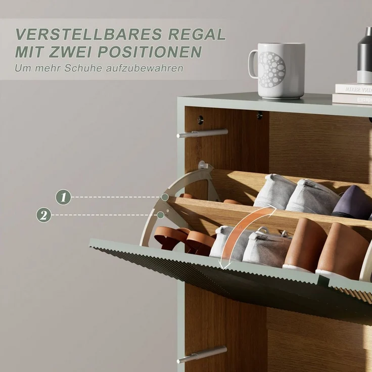 UEV Schuhschrank schmaler Schuhschrank mit 4 Klappen, Schukipper Schuhregal 100x24x91cm Schuhkommode mit Kippschutz & Drucktür & Verstellbarer Trennwände – Bild 3