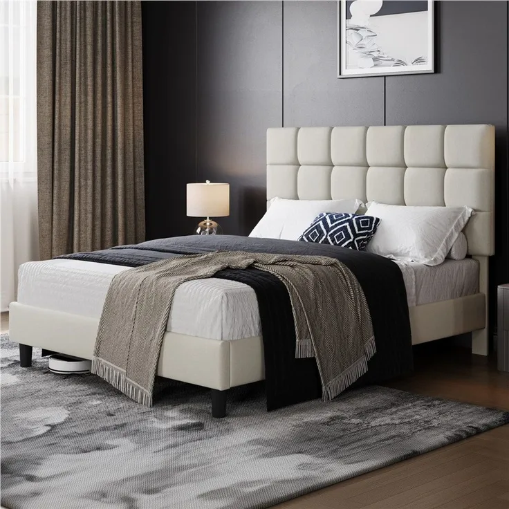 Yaheetech Polsterbett, 160x200 cm, mit höhenverstellbarem Kopfteil und Lattenrost, Beige