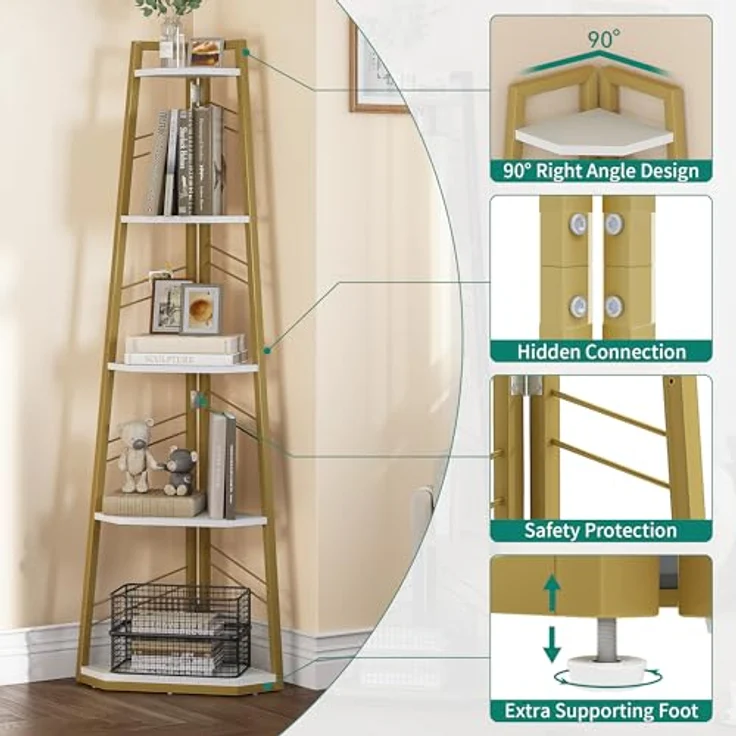 YITAHOME 5-Stöckiges Eck-Bücherregal - Industrielles Freistehendes Leiter-Regal, Modernes Offenes Holzregal für Wohnzimmer, Diele, Home Office, Golden – Bild 5