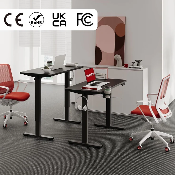 SANODESK Höhenverstellbarer Schreibtisch mit VOLLSTÄNDIGER TISCHPLATTE, 4 Zubehörteilen (Becherhalter, Haken, Aufbewahrungsbox, Kabelmanagement), ergonomisch für Büro und Homeoffice, Schwarz, 110x54CM – Bild 3