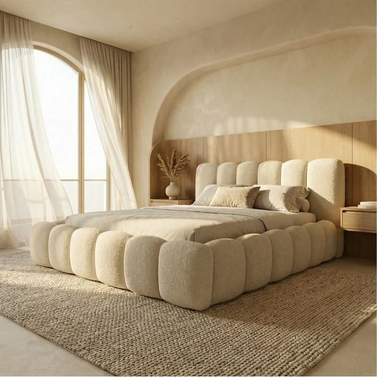 yourhouse24 Polsterbett DALLAS Slim Bubble-Design aus Bouclé, inkl. Bettkasten, Platzsparendes Chunky-Bett mit vertikaler Steppung – Bild 2