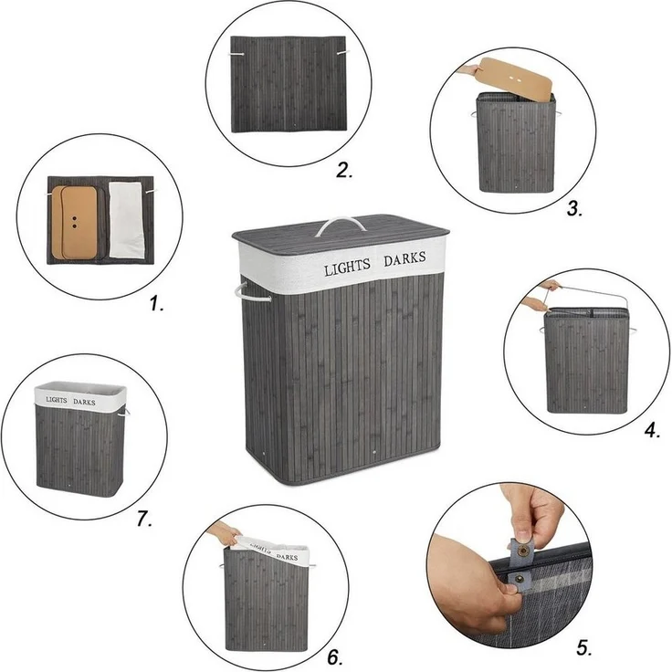 Mondeer Wäschekorb 100L Wäschesortierer aus Bambus (1 St), faltbarer Wäschesammler mit 2 Fächern – Bild 2