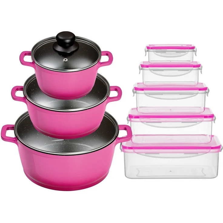 KING Topf-Set ALUGUSS, Aluminiumguss (Set, 16-tlg, je 1 Kochtopf mit Deckel 16/20/24 cm, 5 Vorratsdosen), Glasdeckel, Induktion,Keramikantihaftbeschichtung – Bild 1