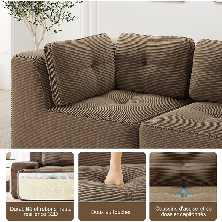 U-förmiges Sofa mit 1 Fußhocker mit Cordbezug und beweglicher Fußauflage, rahmenfreie Lounge-Couch mit breiten Armlehnen ohne Montage, Braun – Bild 19