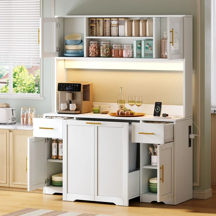 Küchenschrank, hoher Stauraumschrank mit Arbeitsplatte und Schubladen, Doppel-Mülleimerschrank mit ausziehbaren Abfalleimern, Vitrine für Wohnzimmer und Esszimmer, 173 × 140× 40 cm, Weiß--Weiß--140x40x173cm--YOUDENOVA – Bild 5