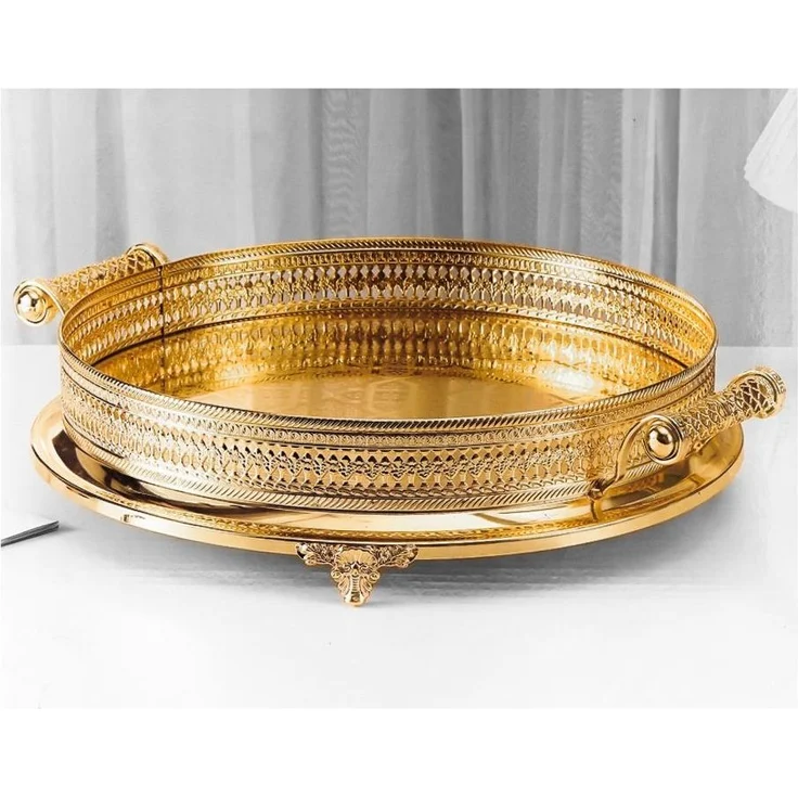 Serviertablett 45 cm - Rund mit Griffen & Ornamentrand Gold – Bild 4