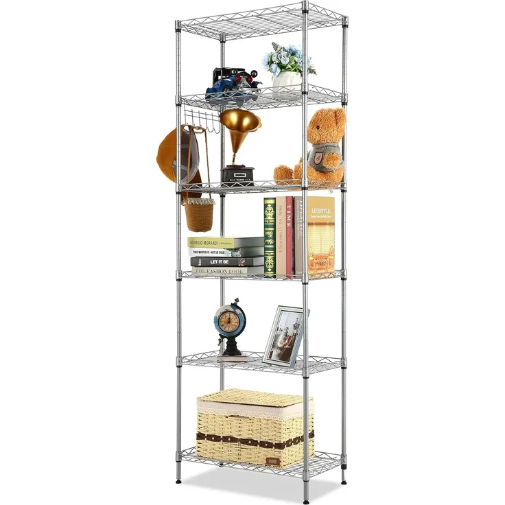 Himimi Lagerregal, Regal mit Rollen und 6 Regalböden Küchenregal Metall mit Seitenhaken aus verchromt, bis zu 500lbs, 54 x 29 x 160 cm, Silber Grau