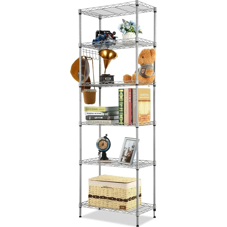 Himimi Lagerregal, Regal mit Rollen und 6 Regalböden Küchenregal Metall mit Seitenhaken aus verchromt, bis zu 500lbs, 54 x 29 x 160 cm, Silber Grau