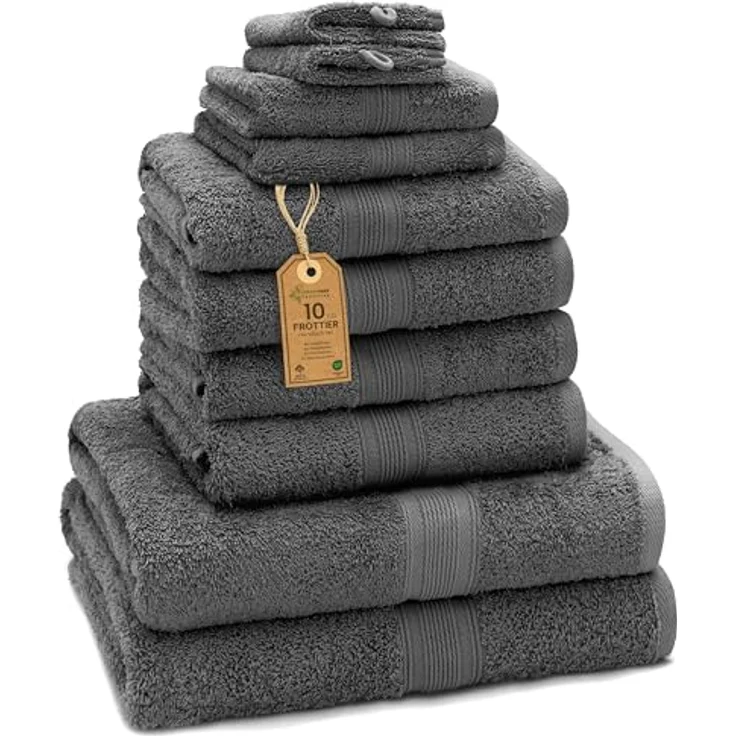Green Mark Handtuch-Set mit 10 Teilen – 100% Baumwolle – 4 Handtücher 50 × 100 cm, 2 große Duschtücher 70 × 140 cm, 2 Gästetücher 30 × 50 cm und 2 Waschhandschuhe – Anthrazitgrau – Bild 2