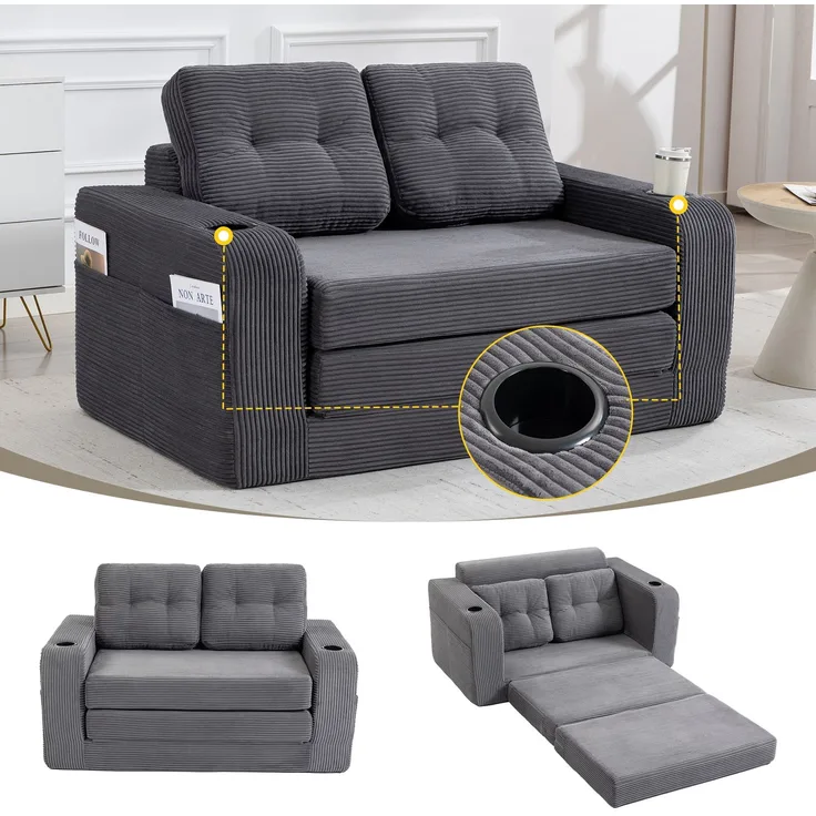 LVHOM 2-Sitzer Sofa aus Cordstoff – Montagefrei, Multifunktionales Schlafsofa mit Getränkehaltern und Seitentaschen, klappbares Gästebett, Grau