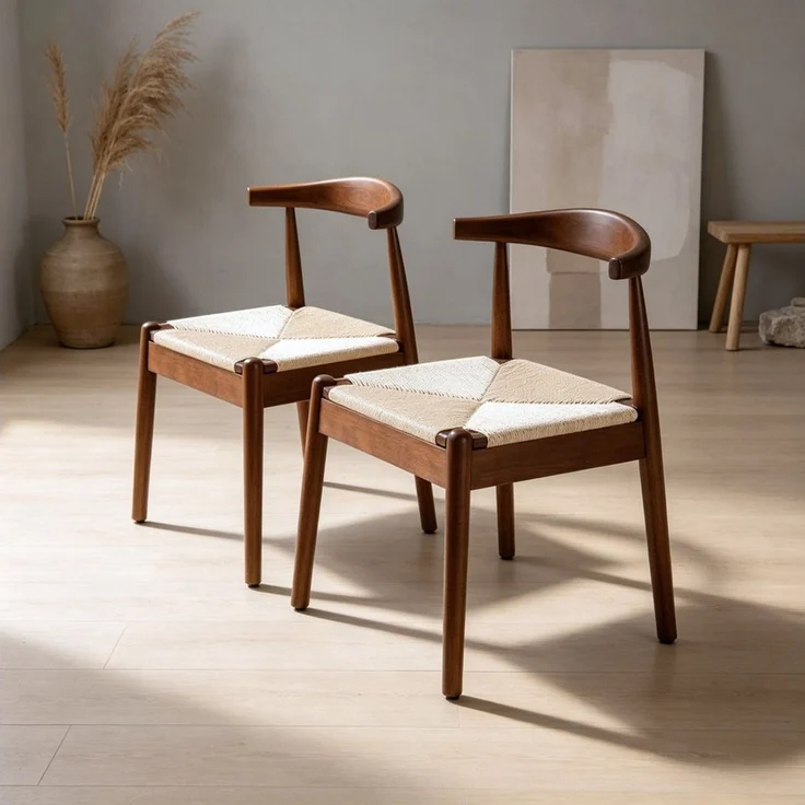 SeedWave Esszimmerstuhl Holz-Esszimmerstühle 2er Set mit Papierkordel-Sitzfläche (2er Set), Armlehnenlose Stühle mit gebogener Rückenlehne – Bild 2
