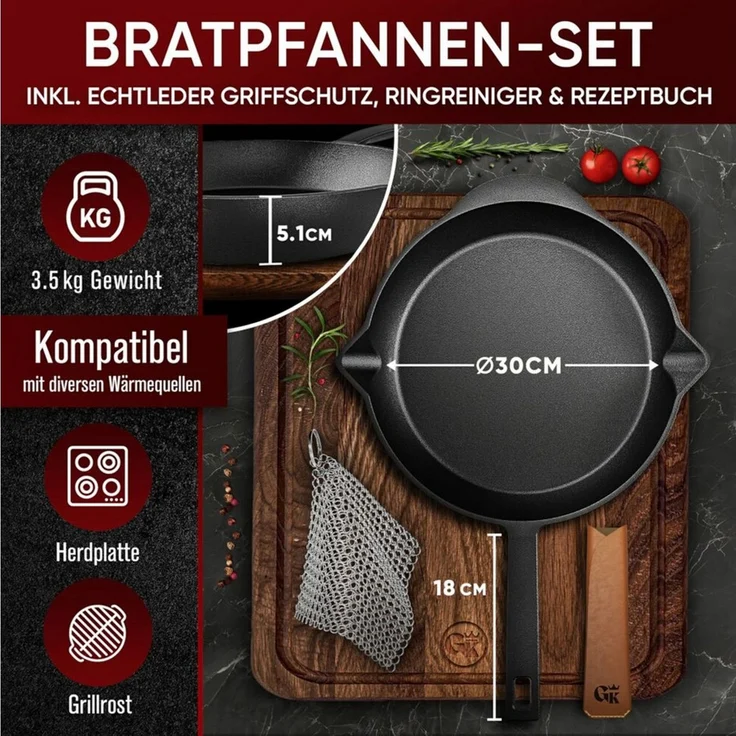 Feuerpfanne 30 cm aus Gusseisen – Bratpfanne mit Stiel Lederüberzug Ringreiniger & Rezeptbuch für Induktion Grill & Herd – Bild 1