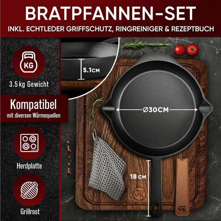 Feuerpfanne 30 cm aus Gusseisen – Bratpfanne mit Stiel Lederüberzug Ringreiniger & Rezeptbuch für Induktion Grill & Herd