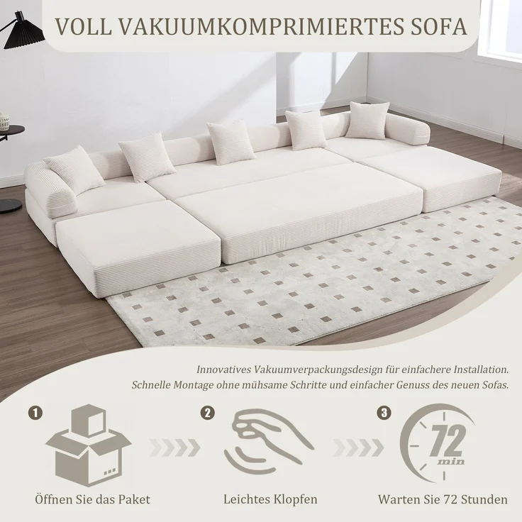 LVHOM Schlafsofa 5-Sitzer, Klappsofa mit Schlaffunktion, Bodensofa mit Seitentaschen, Ecksofa aus Cordstoff, frei Kombinierbar, Beige – Bild 8