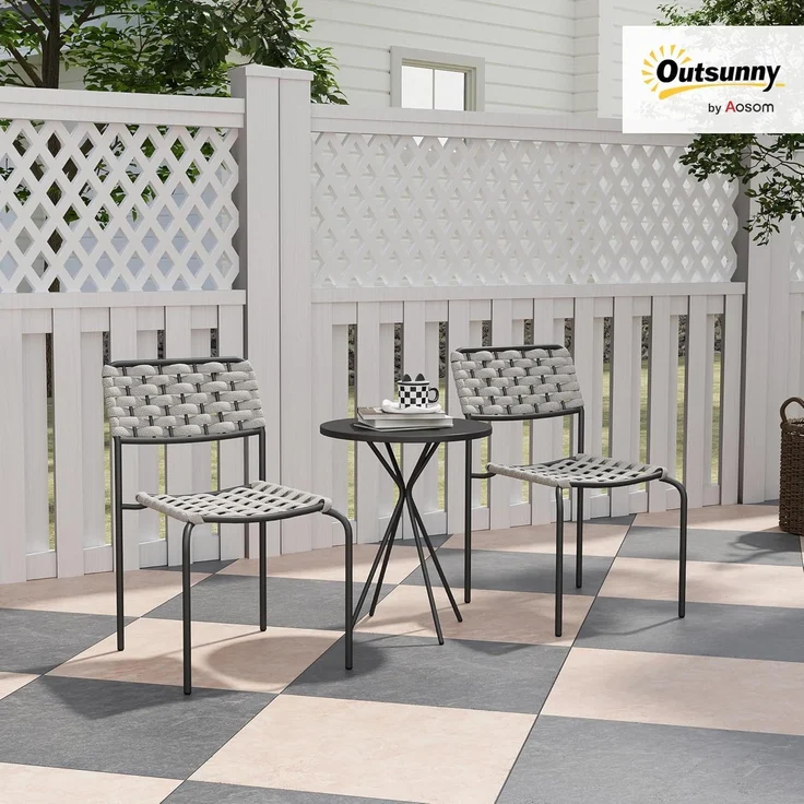 Outsunny Gartenlounge-Set 3-teilig, mit 2 Stapelbare Stühle, Tisch, (wetterfest Balkonmöbel für 2 Personen, 3-tlg, Polyrattan Gartenmöbel Set), für Garten, Terrasse Balkon, Grau – Bild 2