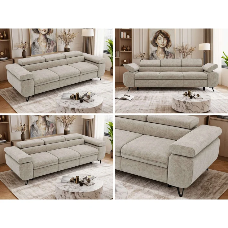 3-Sitzer Polstersofa PETER, verstellbaren Armlehnen und Kopfstütze, breite 262 cm, Gepolsterte Couch, Wellenfeder - Beige Struktur – Bild 2