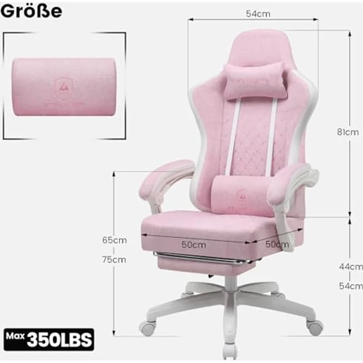 GTPLAYER Gaming Stuhl Stoff, Gaming Sessel mit Taschenfederkissen, ergonomischer Drehstuhl, Gamer Stuhl mit Fußstütze150 kg Belastbarkeit, pink-weiß – Bild 3