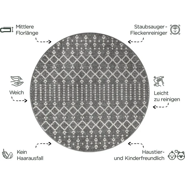 Sanat Teppich Boho 8203, rund, Höhe: 10 mm, Kurzflor, robust, Boho, Scandic, für Fussbodenheizung geeignet – Bild 3