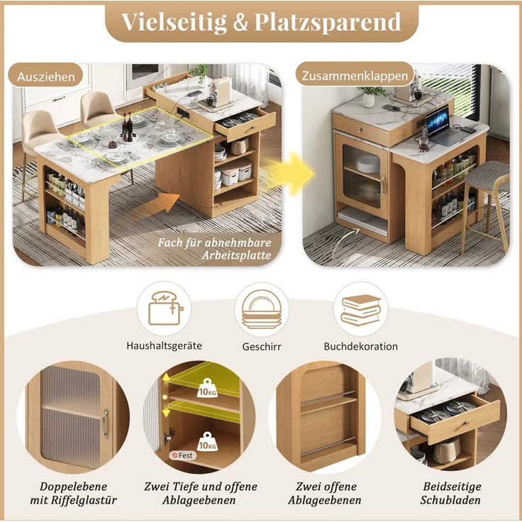 Merax Kücheninsel mit Rollen, Ausziehbarer Esstisch mit abnehmbarer Tischplatte, Bartisch mit Steckdosenleisten, dient als Kücheninsel, Anrichte, Sideboard oder Bartisch für Küche und Esszimmer (Natur) – Bild 6
