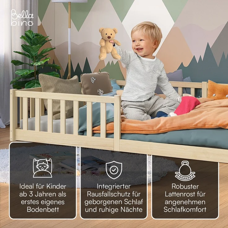 Bellabino 'Vere' Bodenbett 140x200 cm mit Matratze, natur, Massivholz Kiefer, Montessori Kinderbett mit Rausfallschutz und Lattenrost – Bild 3