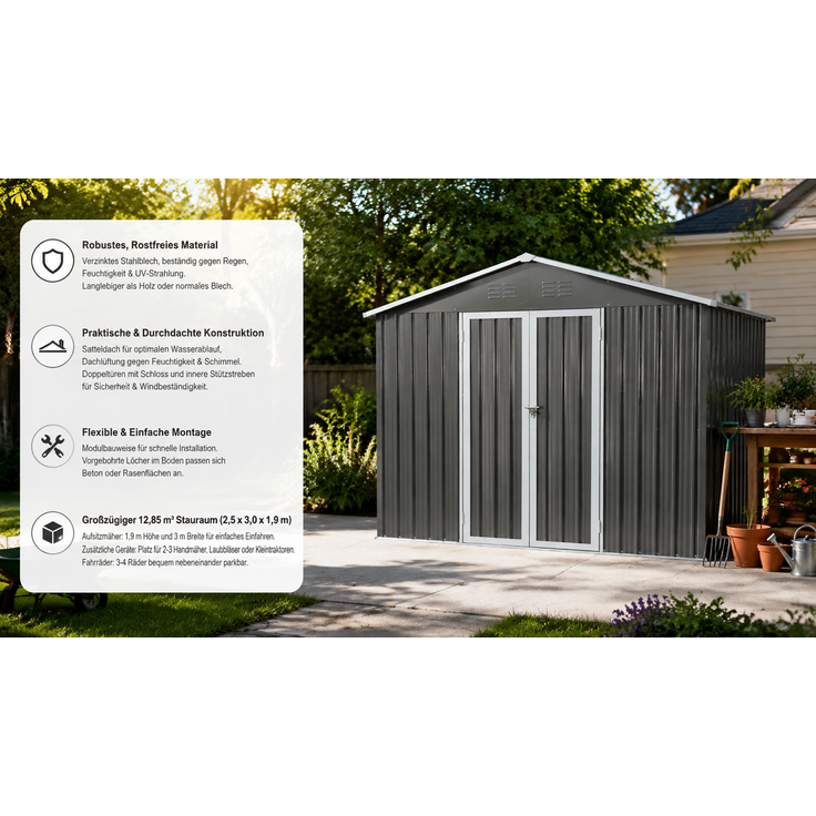 ZUBALIYA Metall-Gartenschuppen 10x8 ft mit Spitzdach in Grau als Außenlager. Der Schuppen ist mit einem integrierten Bodenrahmen ausgestattet. Grundfläche: 7,46 m² – Bild 9