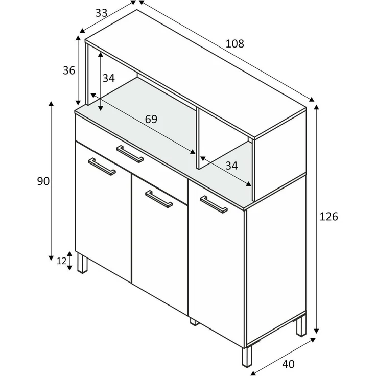 Dmora Kommode Angstrom, zusätzlicher Küchenschrank, Sideboard mit 3 Türen und 1 Schublade mit Regalen, offener Kleiderschrank, 108 x 40 x 126 cm, Weiß und Eiche – Bild 3