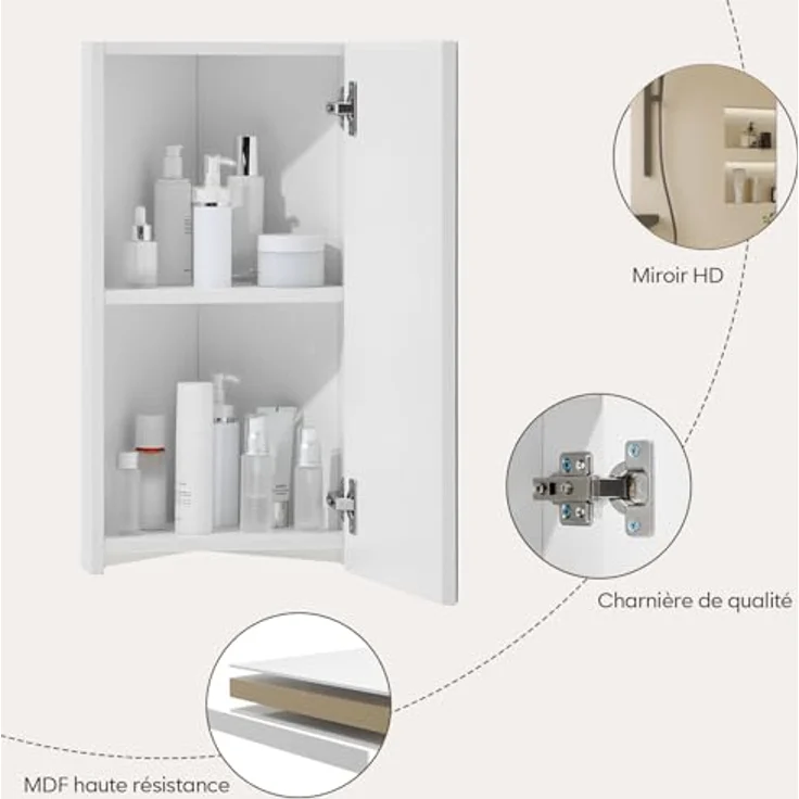TUKAILAI Spiegelschrank Bad, Badschrank mit Spiegel mit 2 Regalebenen, Eckspiegel Badezimmerschrank, Badezimmerspiegel mit Türen, Spiegelschrank Bad mit Ablagen, Weiß – Bild 6
