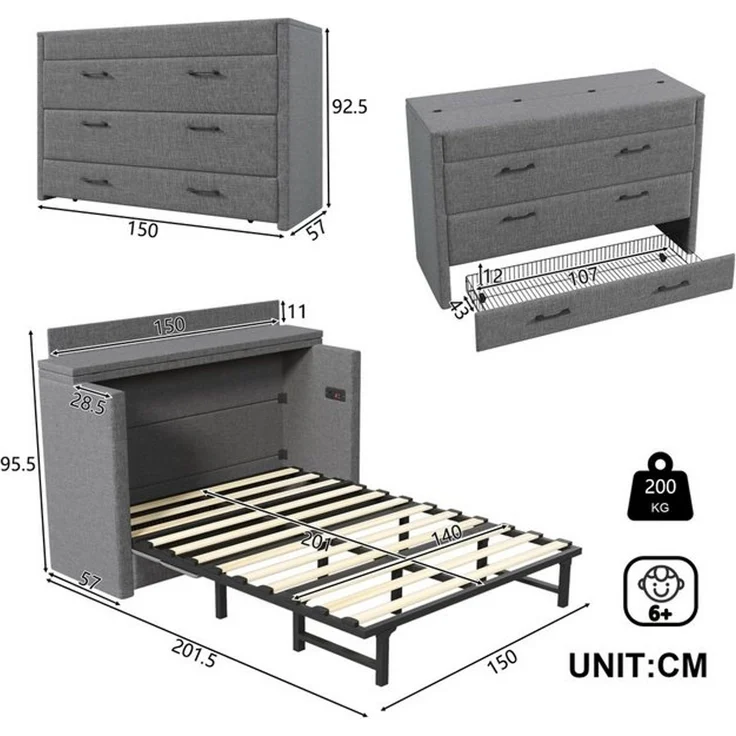 Odikalo Schrankbett Polsterbett Einzelbett 140x200 mit Schublade und USB (Mit einer Schublade,Mobiles Schrankbett mit Ablagefach am Bett, mit USB- und Typ-C-Anschlüssen, Umbaubares Plattformbett, Ohne Matratze,Leinen, Beige) /gray – Bild 4