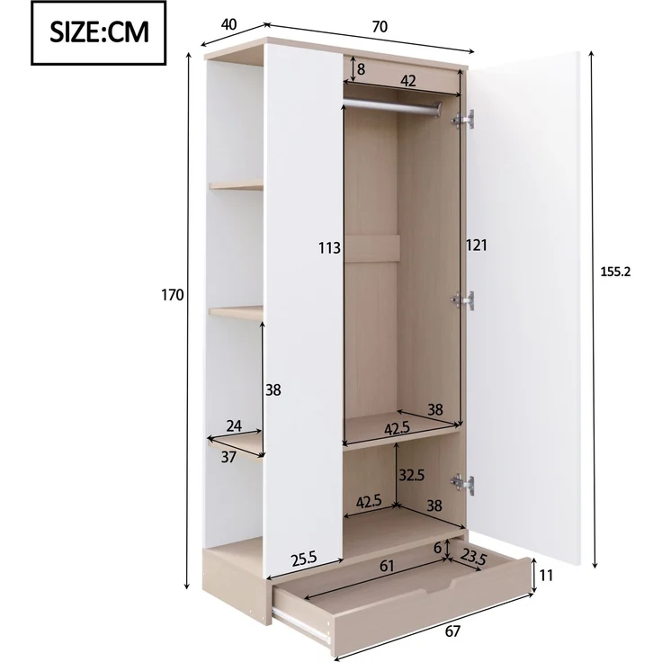 Merax Kleiderschrank 70*40*170cm, Eintürige Ausführung, mit Einlegeböden und Schubladen, Naturholzfarbe + Weiß – Bild 4