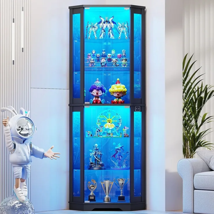 Eckvitrine 65x45x180 cm, 6-stöckige Glasvitrine mit LED-Beleuchtung, Glastüren und Bewegungssensor, Schwarz