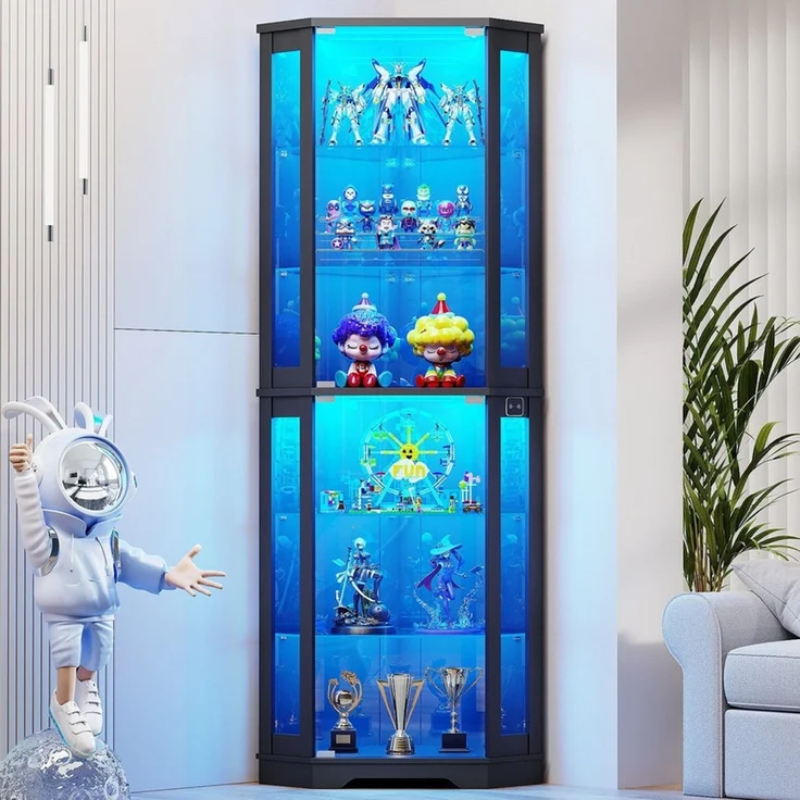 Eckvitrine 65x45x180 cm, 6-stöckige Glasvitrine mit LED-Beleuchtung, Glastüren und Bewegungssensor, Schwarz – Bild 1