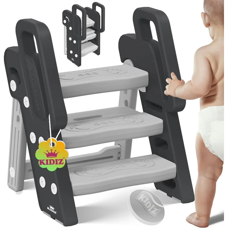 KIDIZ® Tritthocker für Kinder Trittleiter Klappbar mit 3 Stufen | Faltbarer Lern-Turm ab 18 Monaten bis 6 Jahren | Robust | Sicherer & Stabiler Trittschemel | Höhenverstellbar Rutschfest Anthrazit / Grau – Bild 1