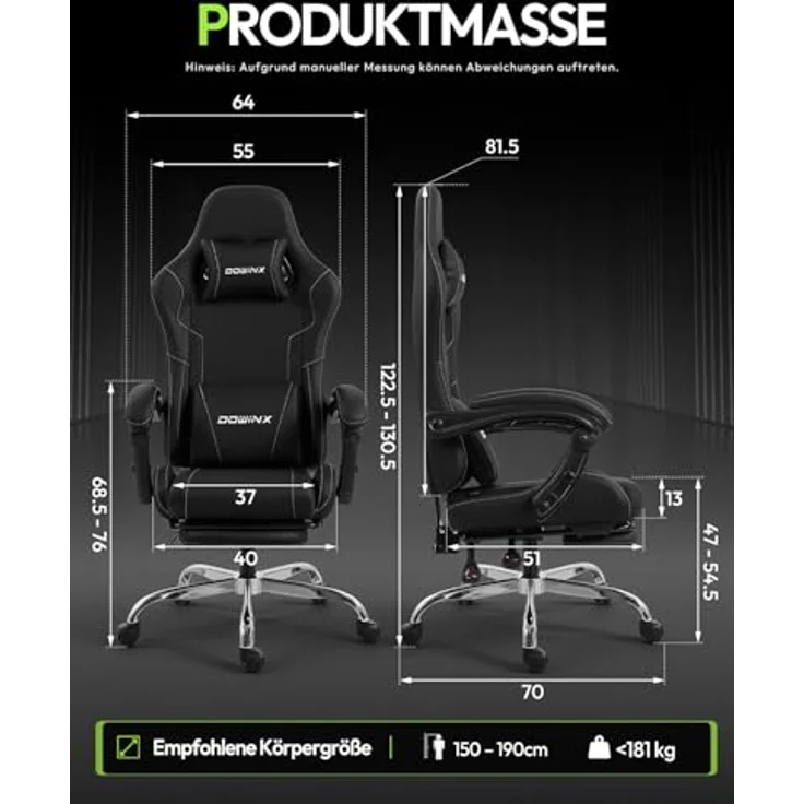 Dowinx Gaming Stuhl Bürostuhl Massage Gaming Sessel mit höhenverstellbaren Linkage-Armlehnen, ergonomischer Gamer Stuhl mit Fußstütze, gepolstert Gaming Chair 150° neigbar bis 180 kg, Schwarz – Bild 4
