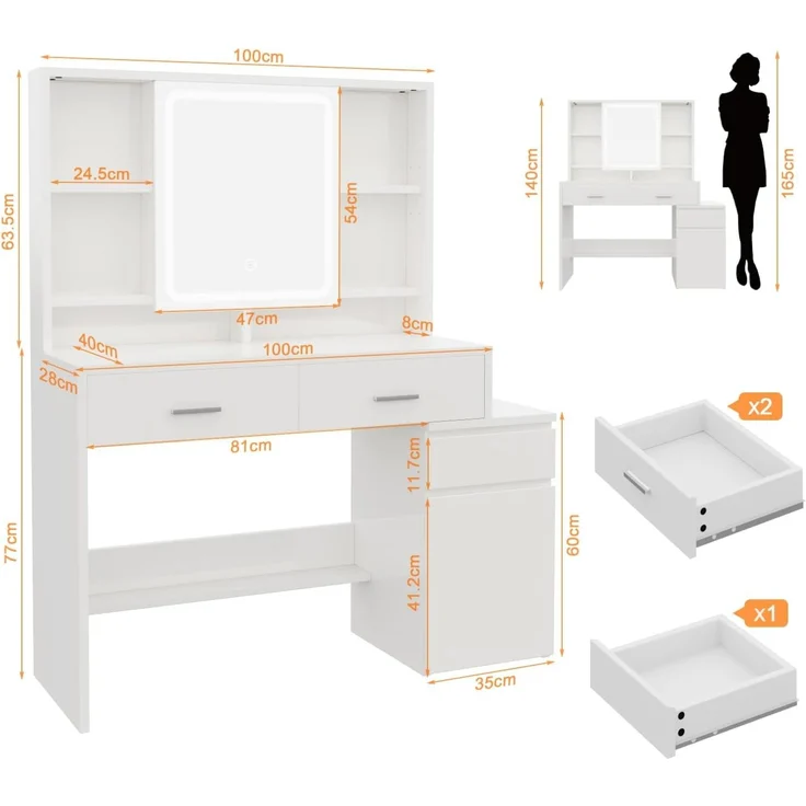 JUMMICO Schminktisch mit LED Spiegel Beleuchtung (3 Helligkeiten & 3 Farbtemperaturen), Großer Kosmetiktisch mit 6 Fächern, 2 Schubladen, Seitenschrank & Ablagefläche, 117 x 40 x 140 cm, Weiß – Bild 2