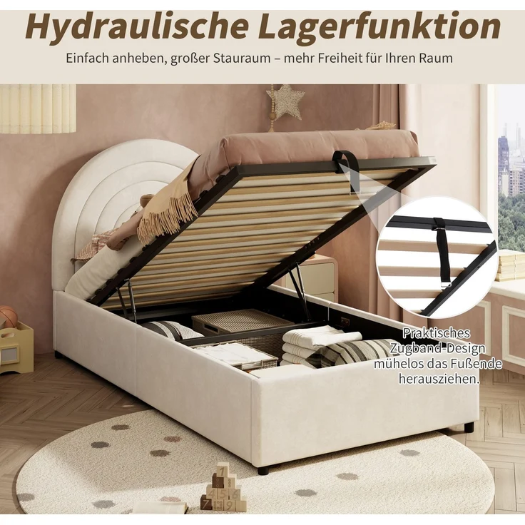 Kinderbett mit Stauraum und Kopfteil, 90x200 cm, Polsterbett mit Lattenrost, Einzelbett, Samt – Bild 6